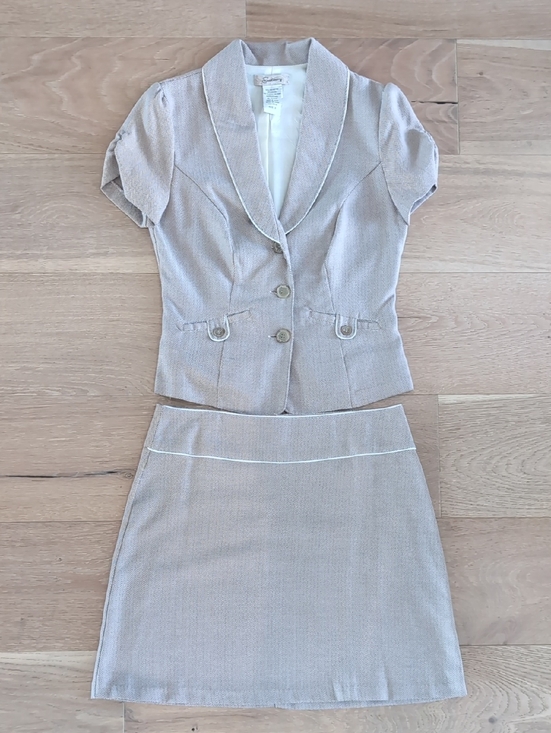 Speechless Jackets & Blazers - Speechless Cream and White Herringbone Pattern Jacket And Skirt Set